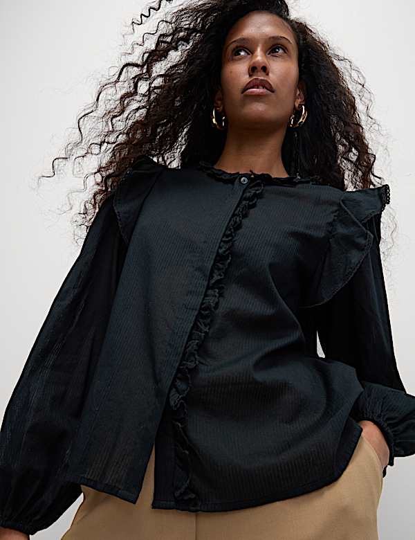 Pure Cotton Collared Ruffle Blouson Sleeve Blouse - RO