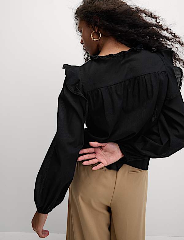 Pure Cotton Collared Ruffle Blouson Sleeve Blouse - RO