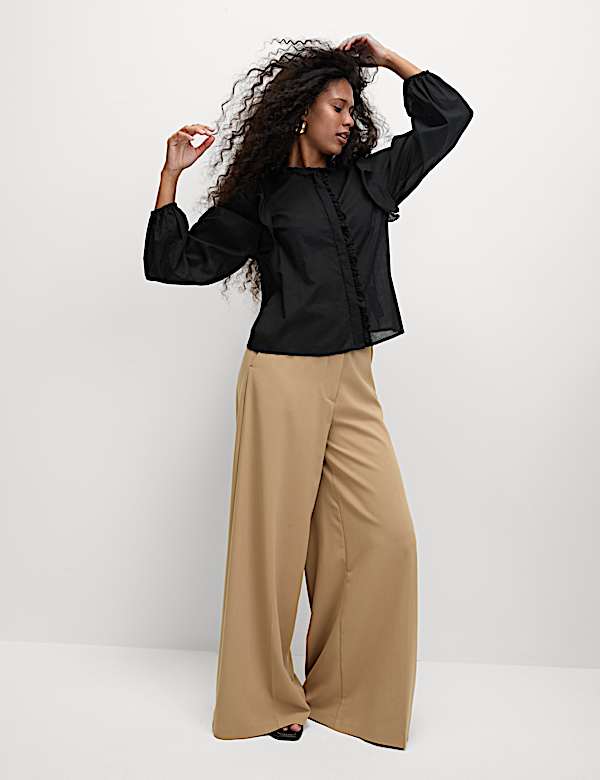 Pure Cotton Collared Ruffle Blouson Sleeve Blouse - RO