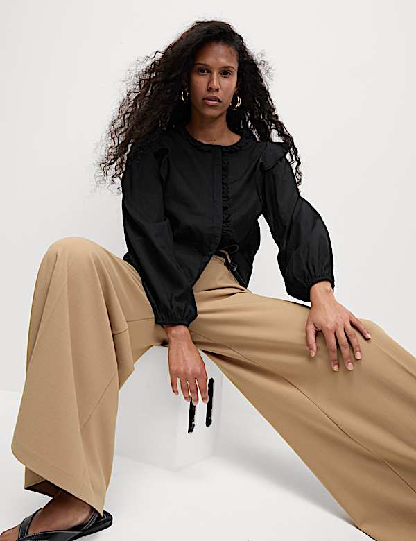 Pure Cotton Collared Ruffle Blouson Sleeve Blouse - RO