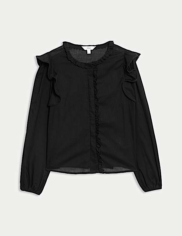 Pure Cotton Collared Ruffle Blouson Sleeve Blouse - RO