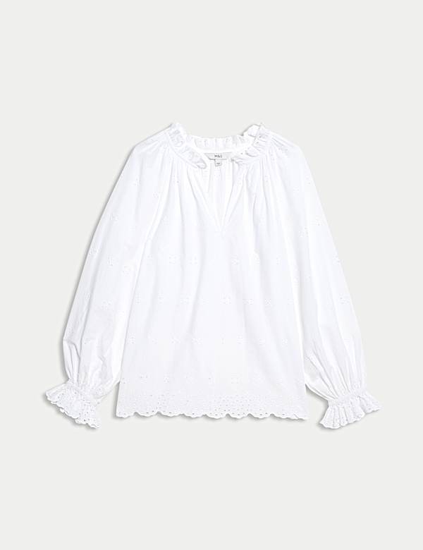 Blouse 100 % coton &agrave; motif brod&eacute; et volants - BE