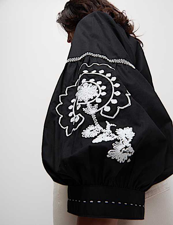 Pure Cotton Embroidered V-Neck Blouse