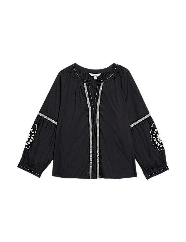 Pure Cotton Embroidered V-Neck Blouse