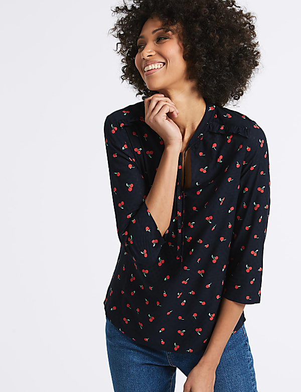 Cherry Print Notch Neck &frac34; Sleeve Blouse