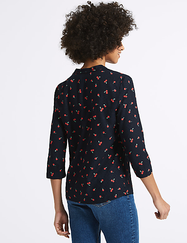 Cherry Print Notch Neck &frac34; Sleeve Blouse