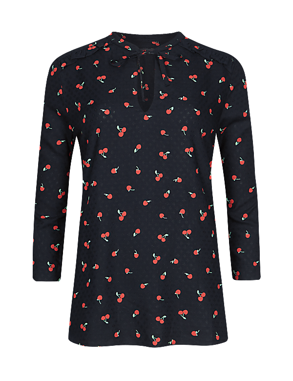 Cherry Print Notch Neck &frac34; Sleeve Blouse