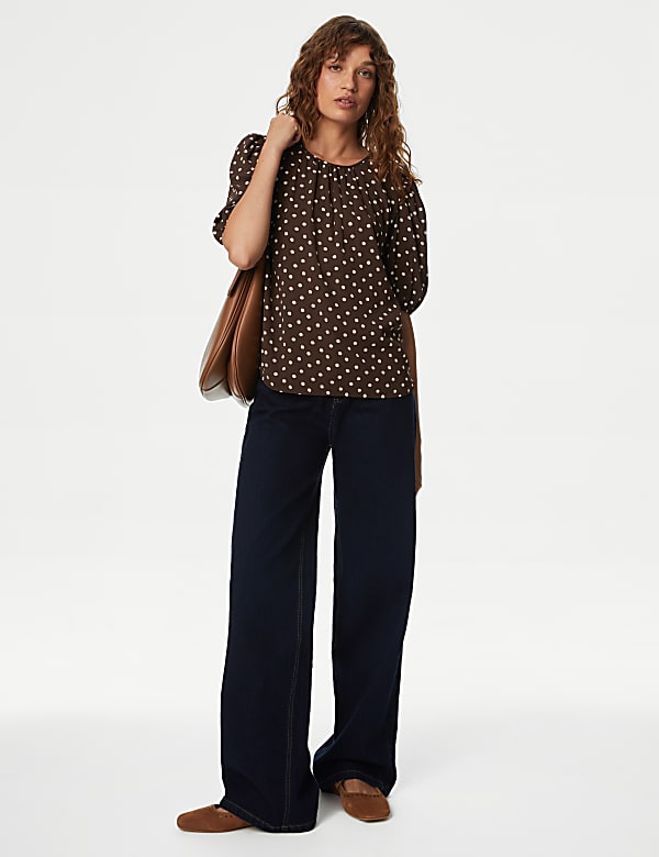 Printed Round Neck Puff Sleeve Blouse - LV