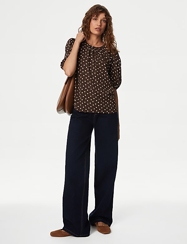Printed Round Neck Puff Sleeve Blouse - CA
