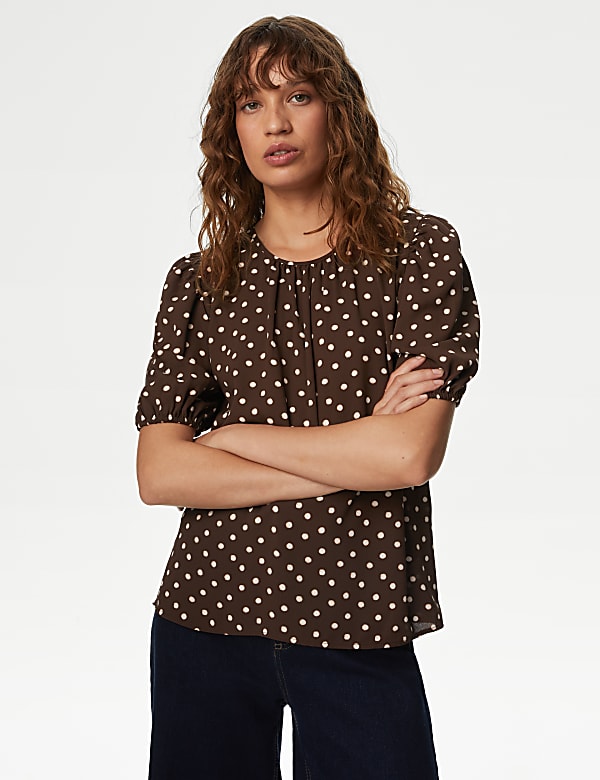 Printed Round Neck Puff Sleeve Blouse
