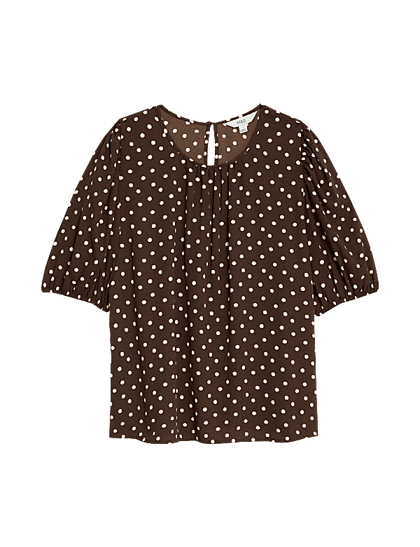 Printed Round Neck Puff Sleeve Blouse