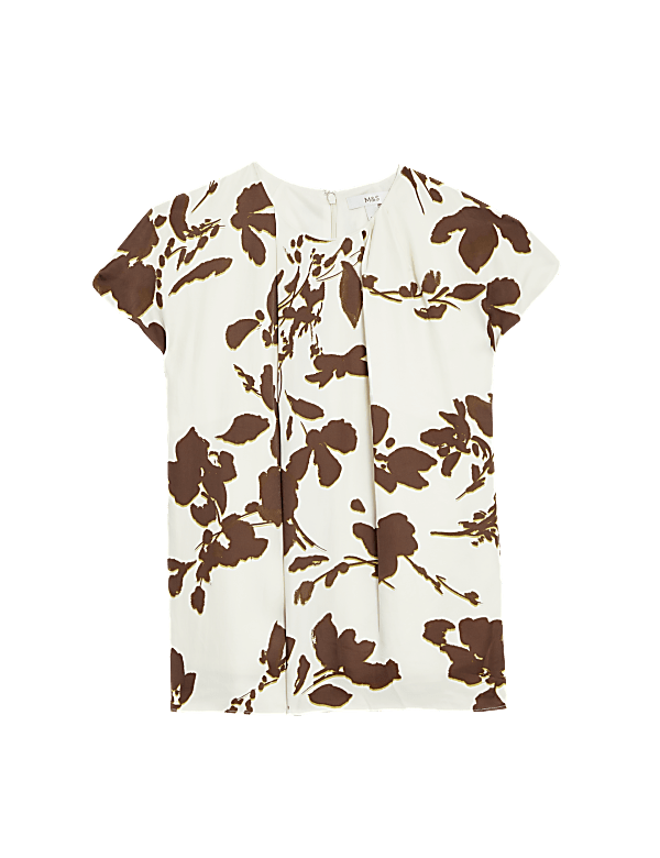 Satin Floral Pleat Detail Cap Sleeve Blouse