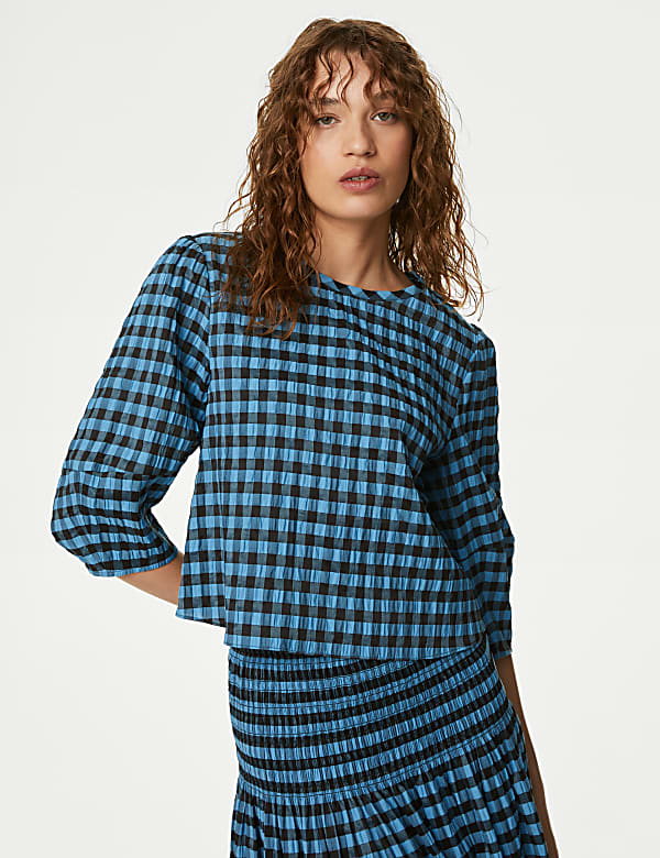 Cotton Blend Checked Blouse - HU
