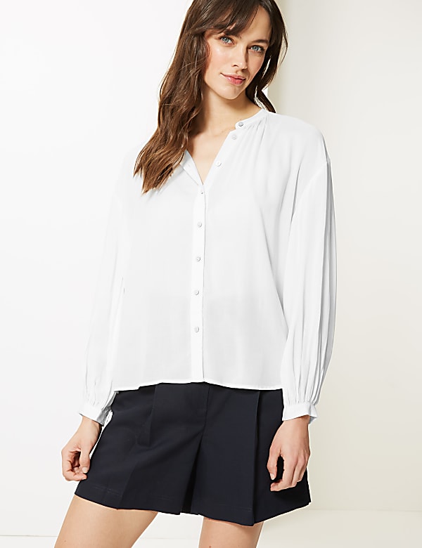 Collarless Blouson Sleeve Blouse
