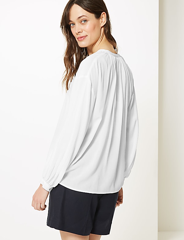Collarless Blouson Sleeve Blouse