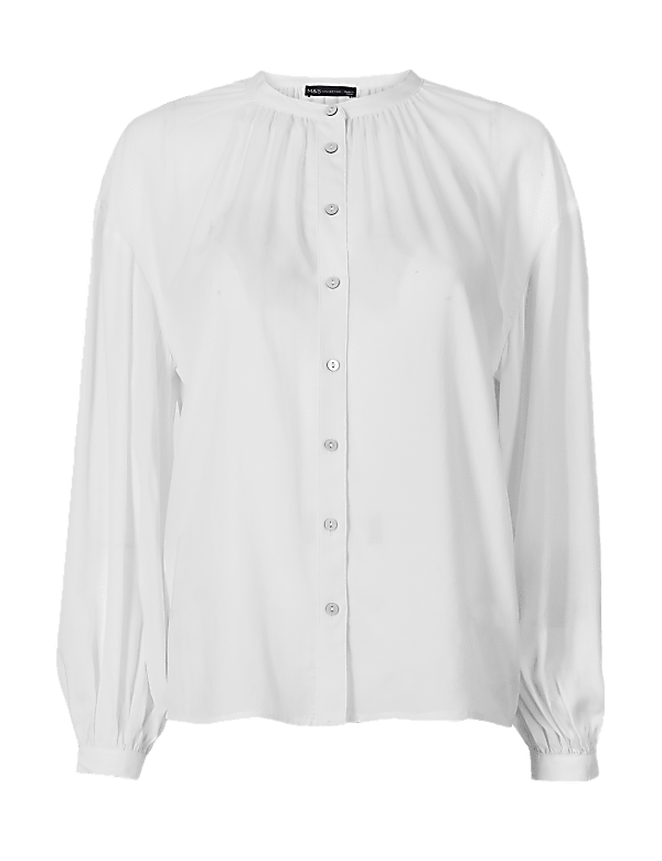 Collarless Blouson Sleeve Blouse