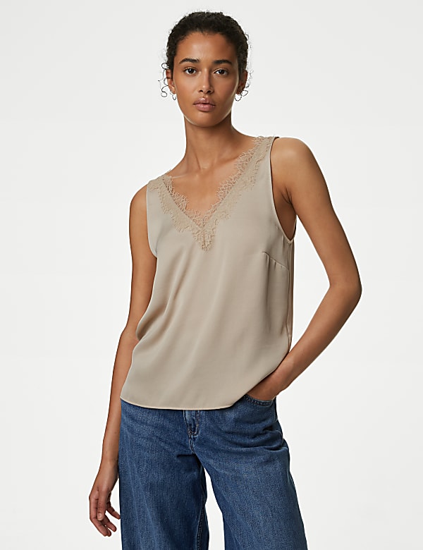 Lace Detail V-Neck Cami Top | BLACK | Tops | M&S PL