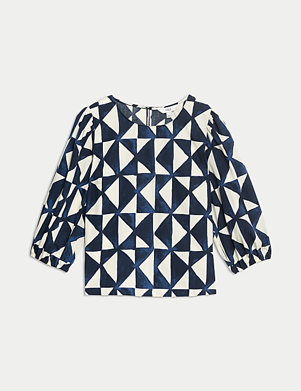 Pure Cotton Round Neck Puff Sleeve Blouse - RS