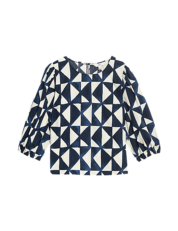 Pure Cotton Round Neck Puff Sleeve Blouse