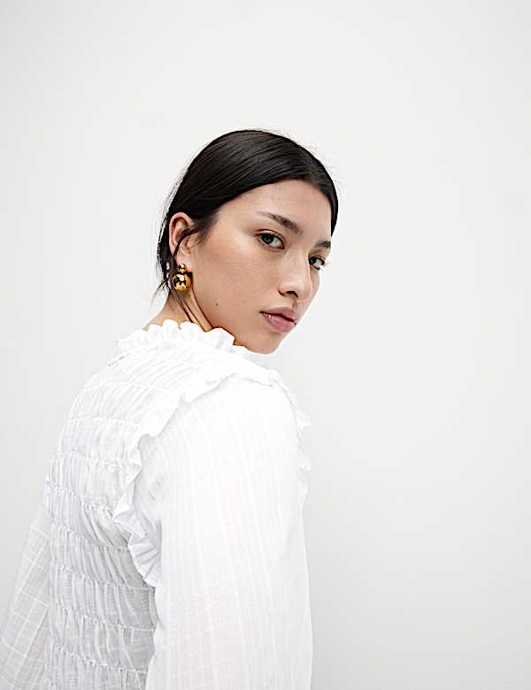 Shirred 3/4 Sleeve Button Through Blouse