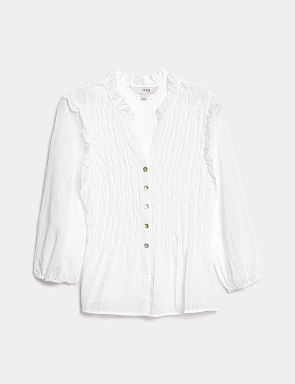 Shirred 3/4 Sleeve Button Through Blouse - SI