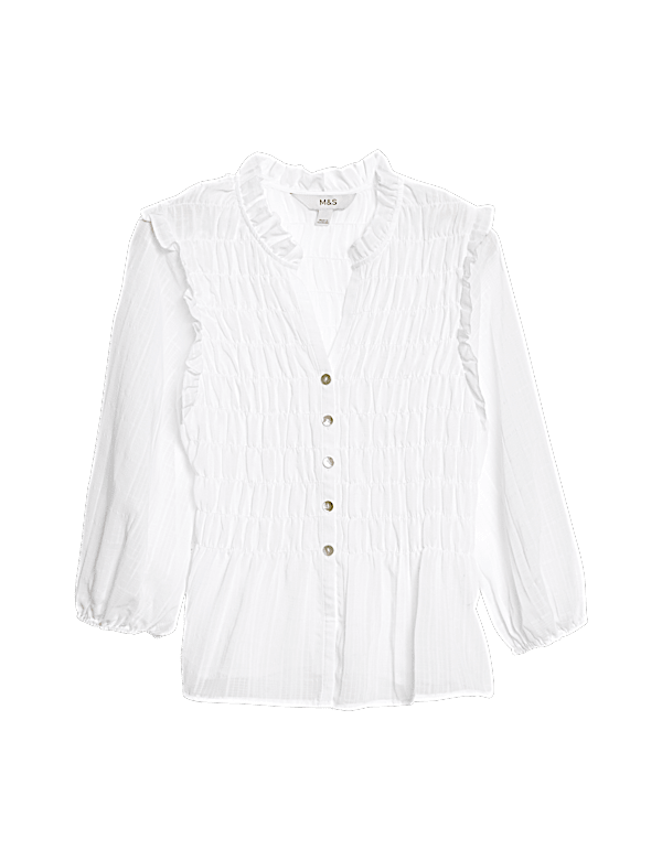 Shirred 3/4 Sleeve Button Through Blouse