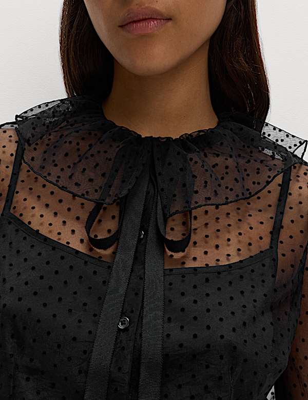 Polka Dot Tie Neck Frill Detail Blouse