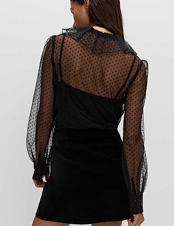 Polka Dot Tie Neck Frill Detail Blouse