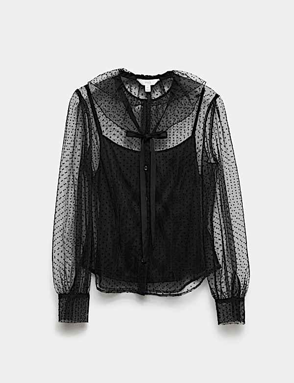 Blus Detail Rumbai Kerah Ikat Tali Polka Dot - ID