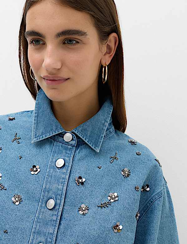 Camisa denim con cuello con adorno - US