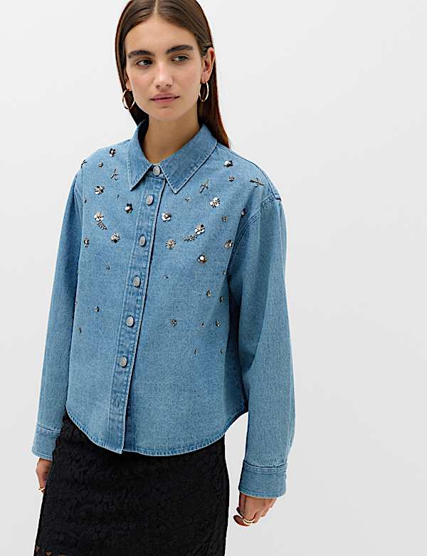 Camisa denim con cuello con adorno - US