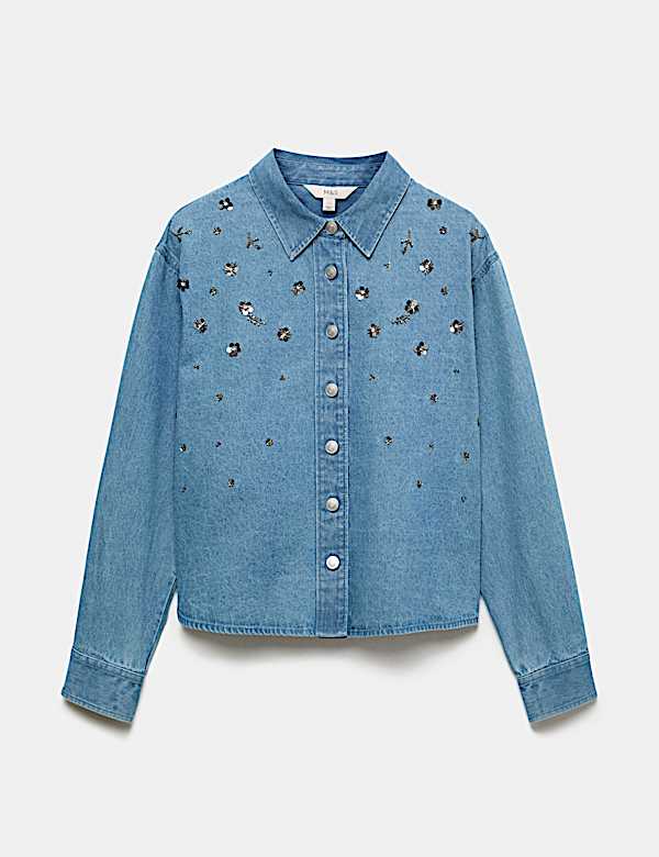 Camisa denim con cuello con adorno - US