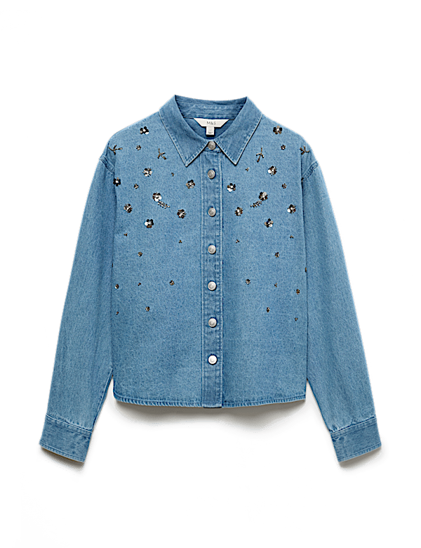 Embellished Denim Collared Shirt