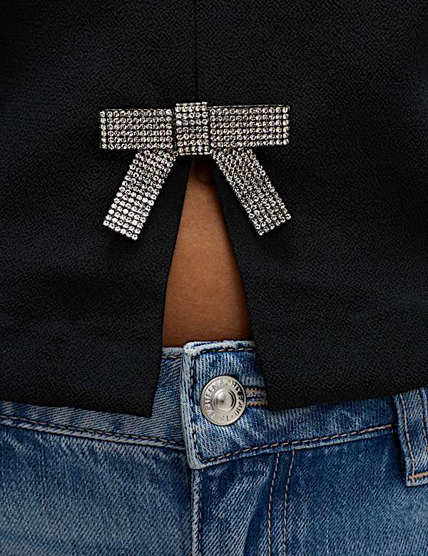 Embellished Bow Puff Sleeve Top