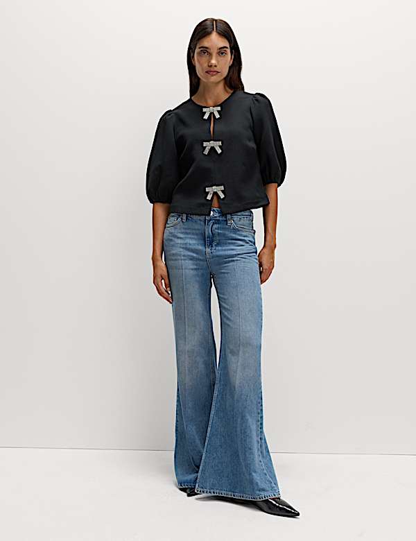 Embellished Bow Puff Sleeve Top