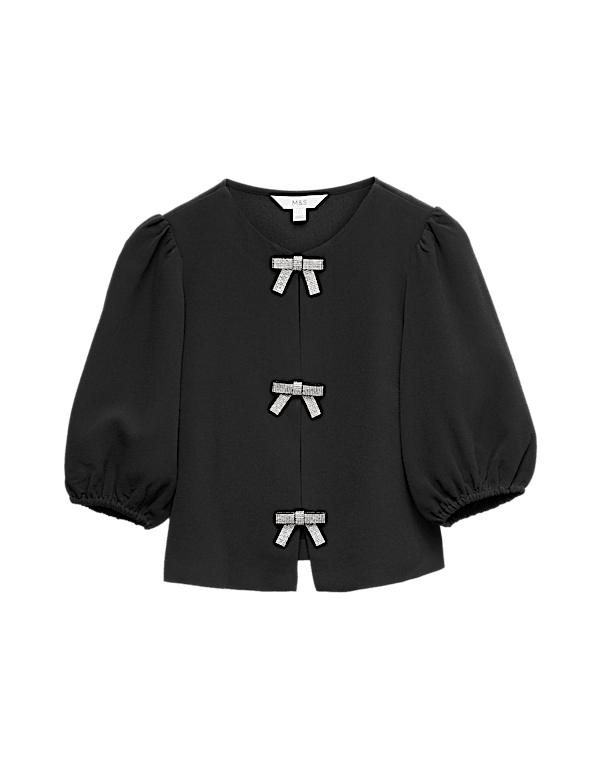 Embellished Bow Puff Sleeve Top