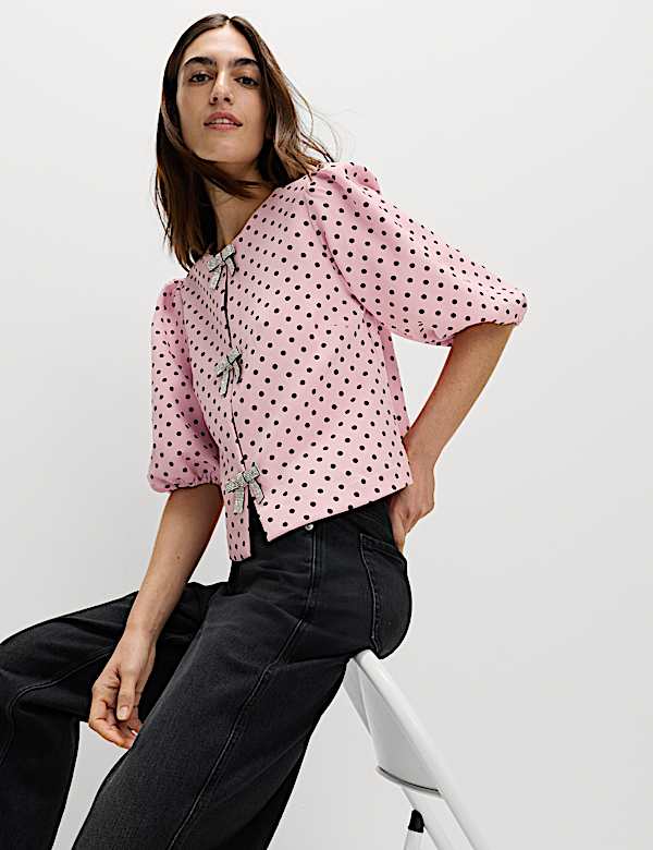 Polka Dot Embellished Bow Top