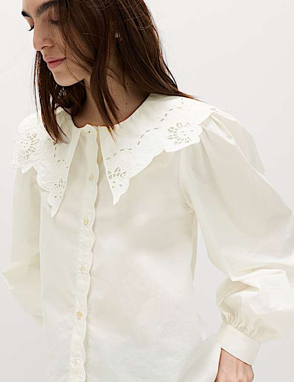 Pure Cotton Broderie Collared Shirt