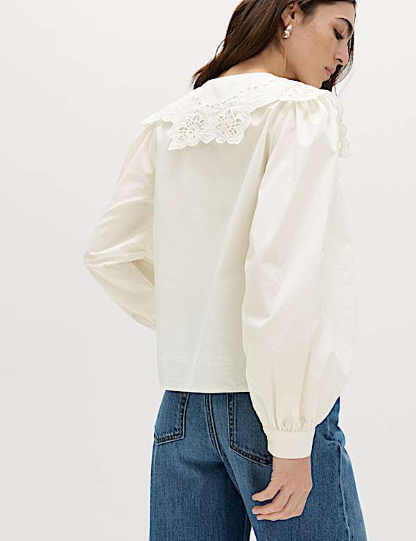 Pure Cotton Broderie Collared Shirt