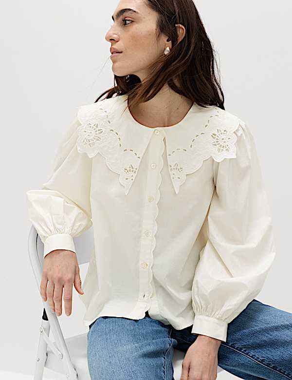 Pure Cotton Broderie Collared Shirt