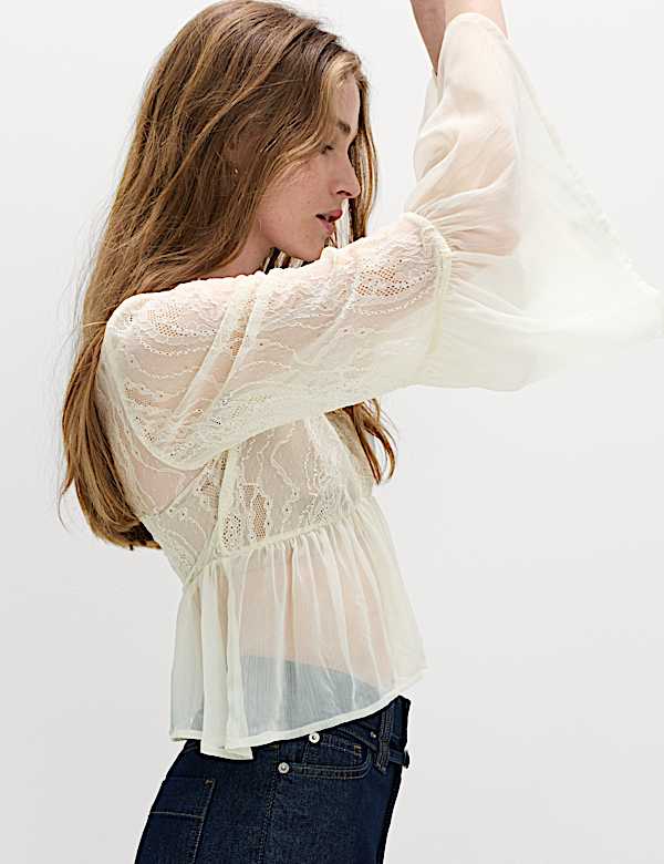 V-Neck Lace Flute Sleeve Top - JE