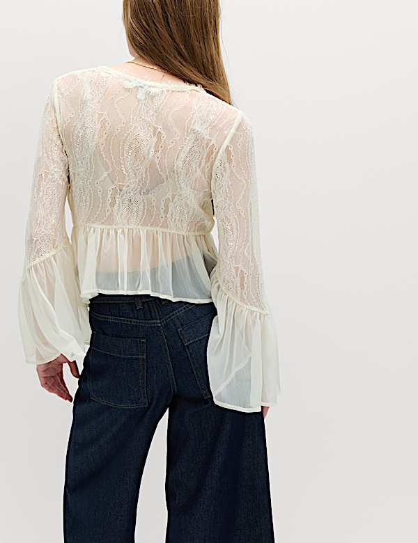 V-Neck Lace Flute Sleeve Top - JE