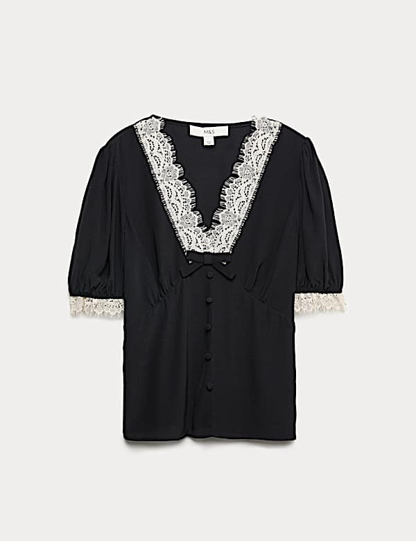 V-Neck Lace Insert Bow Detail Top - RS