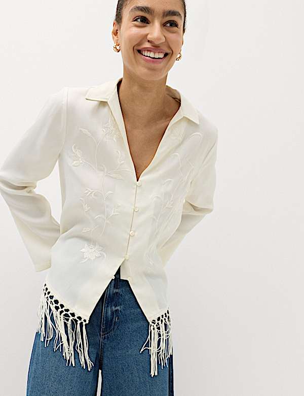 Embroidered Collared Fringe Detail Shirt - AT