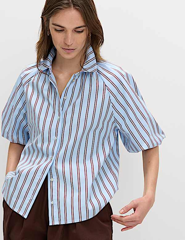 Pure Cotton Striped Puff Sleeve Shirt - LT