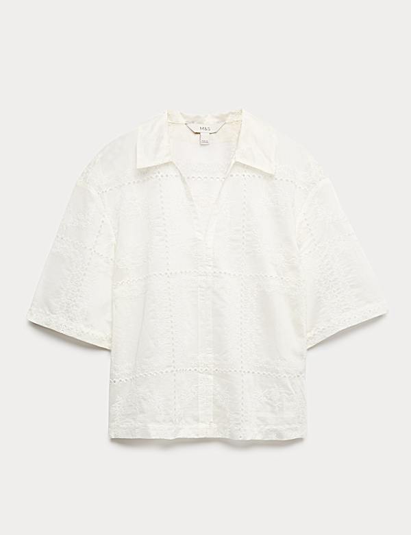 Lyocell Rich Embroidered Collared Top - CH