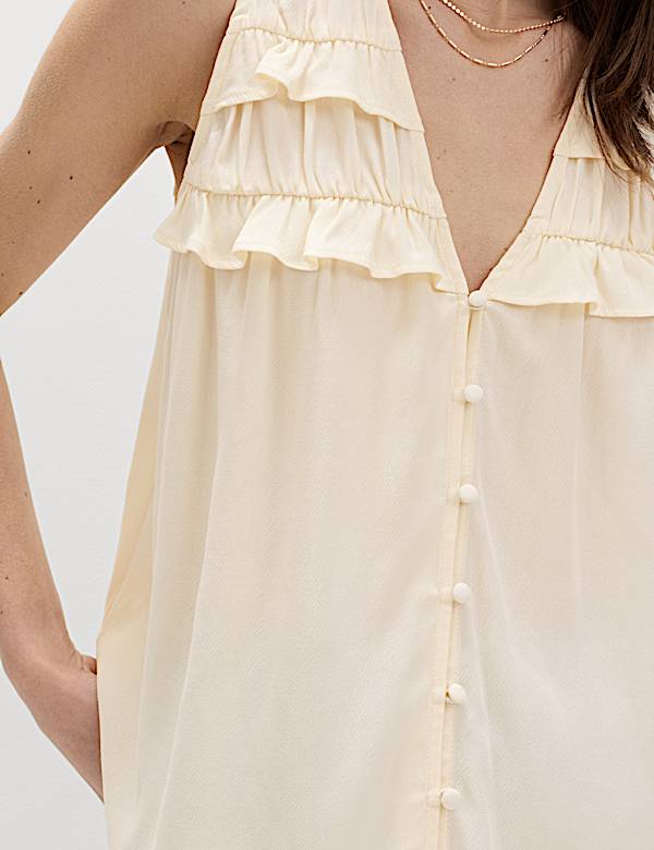 Lyocell Rich V-Neck Frill Detail Top
