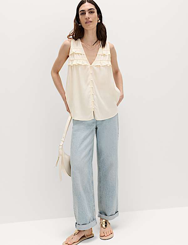 Lyocell Rich V-Neck Frill Detail Top
