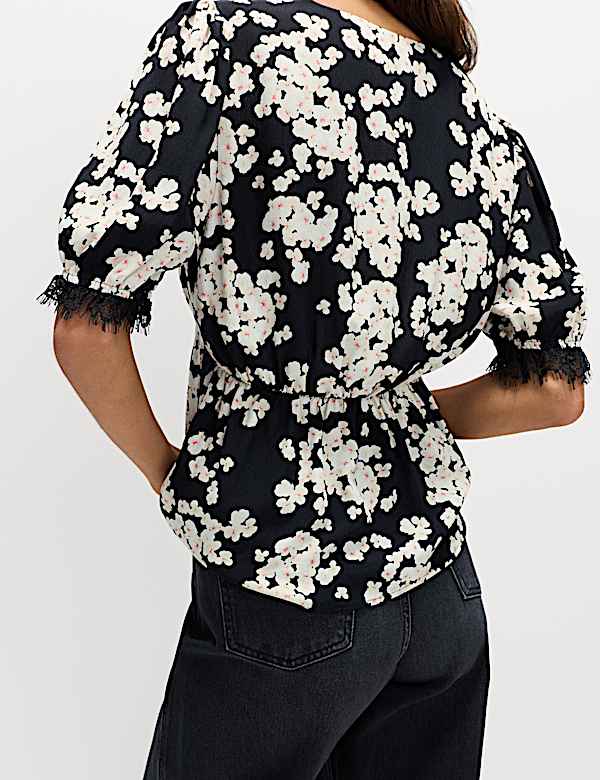 Floral V Neck Bow Lace Detail Top - NZ