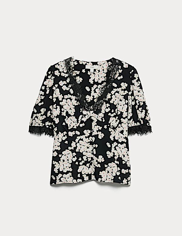 Floral V Neck Bow Lace Detail Top - NZ